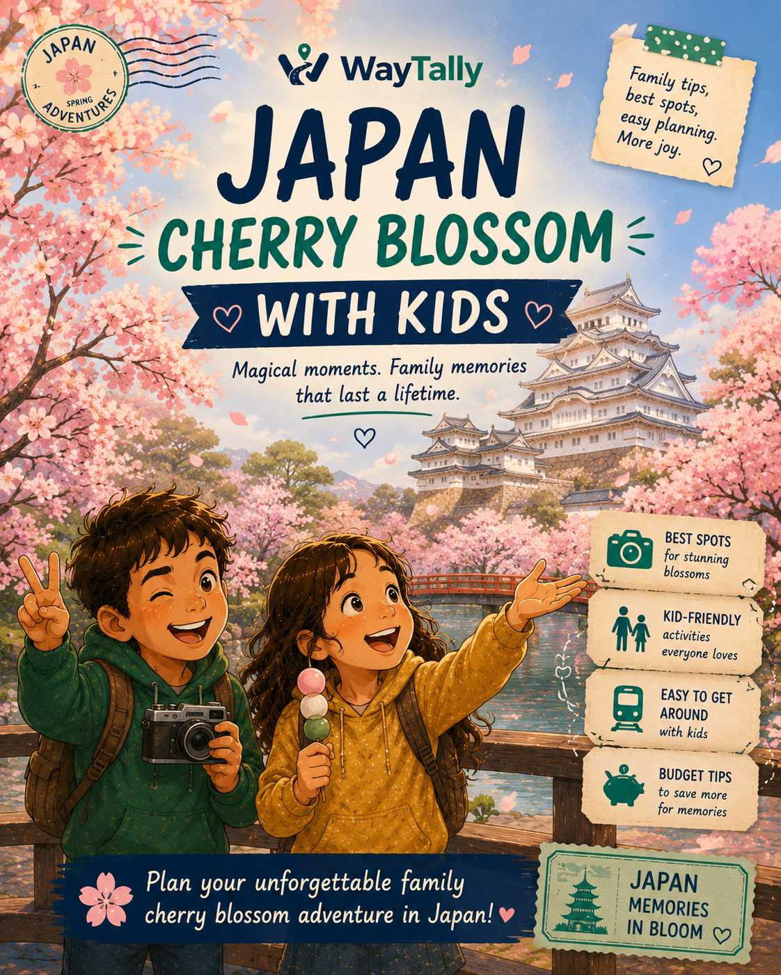 Illustrated kids admiring cherry blossoms in front of a Japanese castle