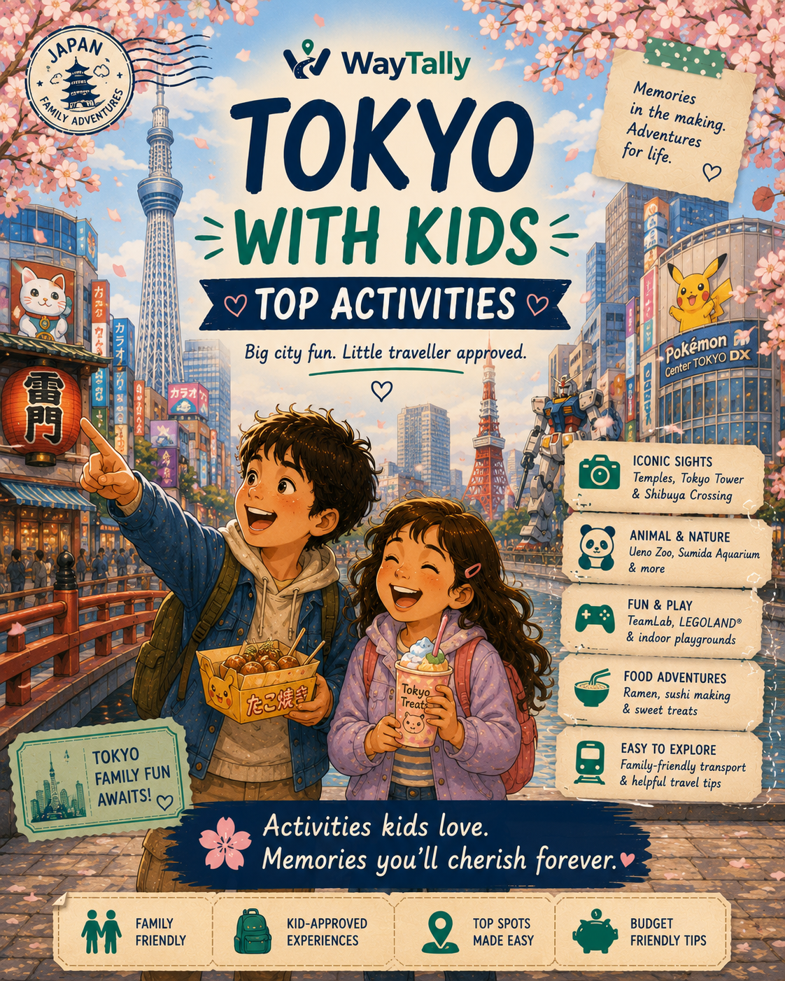 Illustrated kids pointing excitedly at Tokyo's skyline