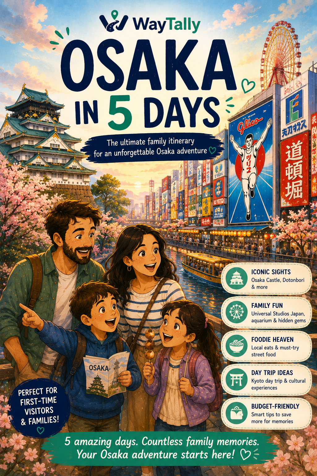 WayTally Osaka in 5 Days poster — a family looking out over Osaka Castle and the neon signs of Dotonbori