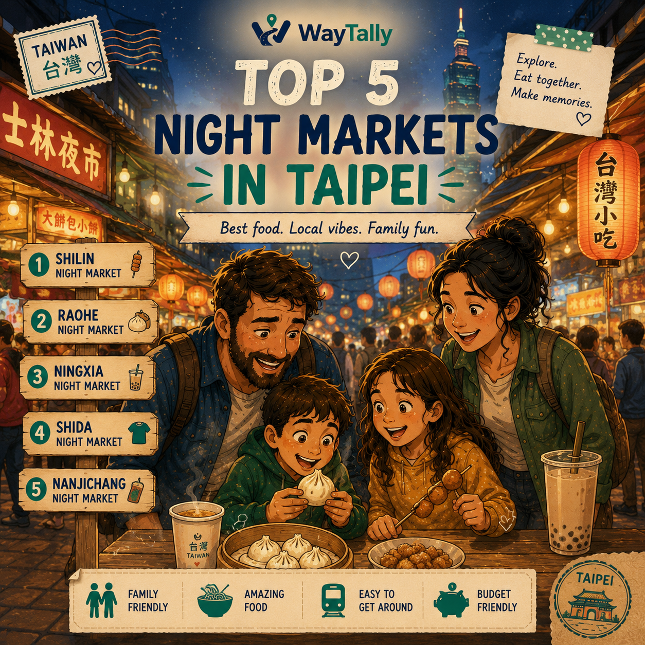 Illustrated family enjoying dumplings, bubble tea and skewers at a lantern-lit Taipei night market